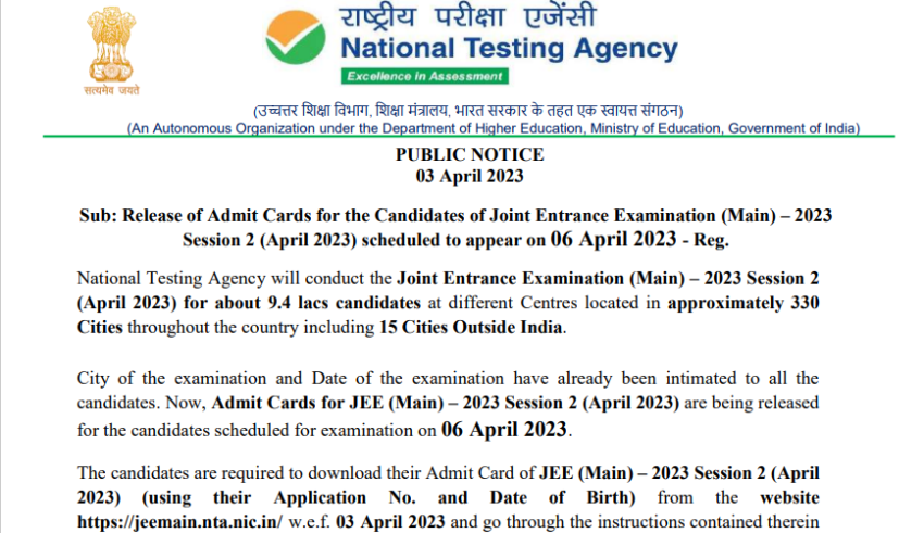 Admit Cards for JEE Main 2023 Session 2 Released Motion Kota