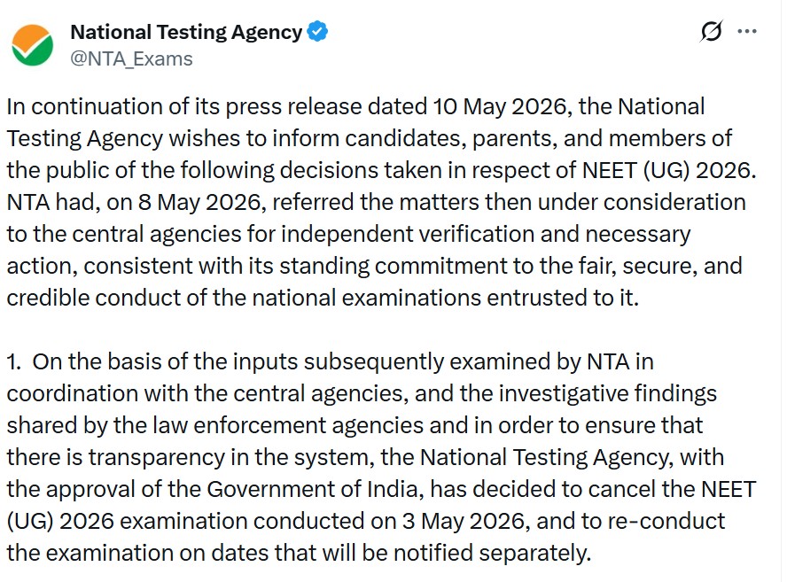 NTA notification on NEET 2026 exam cancellation